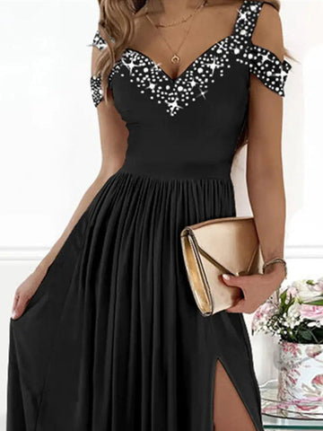 Woochic robe longue fendu le côté fluide avce strass v-cou élégant bal de promo